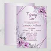 誕生日パーティー ピンク フラワー バイオレット パープル フレーム 招待状 (正面/裏面)