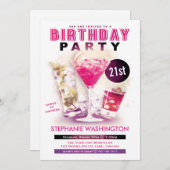 誕生日パーティー·ピンク·マルティーニとカクテル 招待状 (正面/裏面)