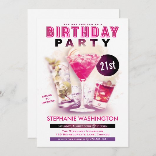 誕生日パーティー·ピンク·マルティーニとカクテル 招待状 (正面/裏面)