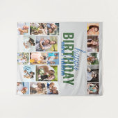 誕生日パーティー フォトコラージュ グレー カスタム タペストリー (正面(横))