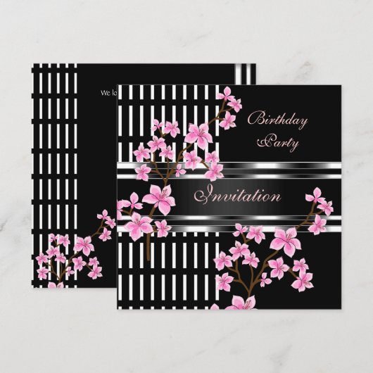 誕生日パーティー ブラック ホワイト アジア ピンクの花 招待状 (正面/裏面)