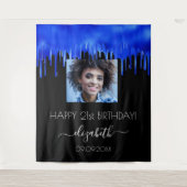 誕生日パーティー ブラック ロイヤルブルー ドリップス フォト 名前 タペストリー (正面)