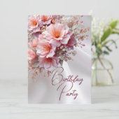 誕生日パーティー ブラッシュピンク ライラックの花 白いシルク 招待状 (スタンド正面)