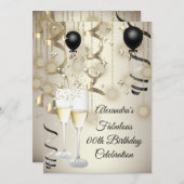 誕生日パーティー ベージュ ゴールド ブラック 風船 シャンパン 招待状 (正面/裏面)