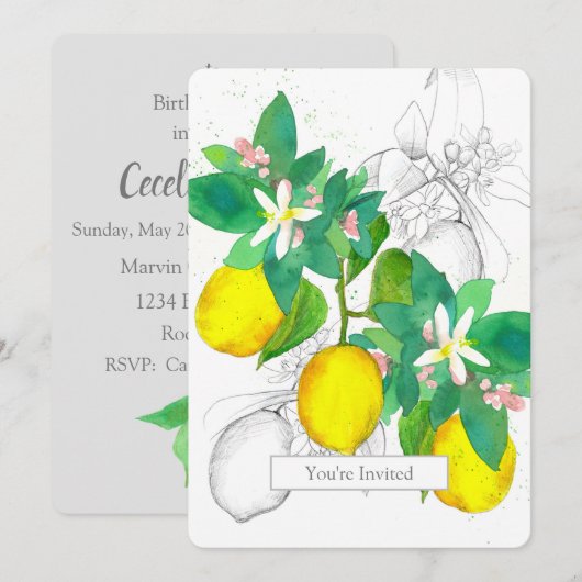 誕生日パーティー レモン シトラス 水彩 フルーツ 招待状 (正面/裏面)