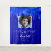 誕生日パーティー ロイヤルブルー ドリップス フォト 名前 タペストリー (正面)