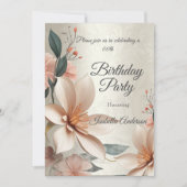 誕生日パーティー ヴィンテージ フラワー ピーチの花 ベージュ 招待状 (正面)