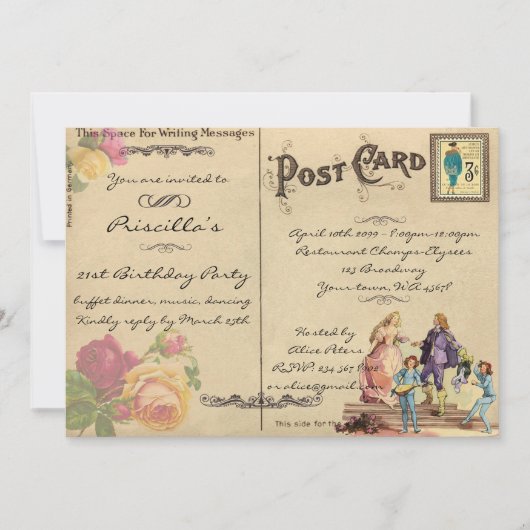 誕生日パーティー,ヴィンテージ,古い葉書スタイル,スクリプト 招待状 (正面)