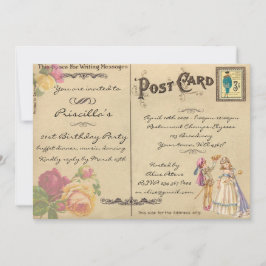 誕生日パーティー，ヴィンテージ，古い葉書スタイル，スクリプト 招待状