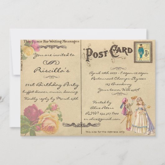 誕生日パーティー,ヴィンテージ,古い葉書スタイル,スクリプト 招待状 (正面)