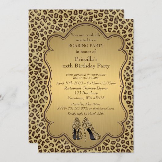 誕生日パーティー，任意の年齢，チータハイヒール靴 招待状 (正面/裏面)