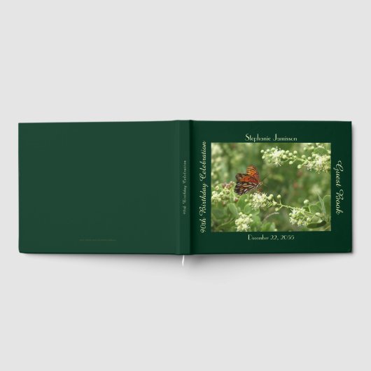 誕生日パーティー,名前,オレンジ色の蝶,緑 ゲストブック (全面)