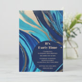 誕生日パーティー – 抽象芸術フローアート – 青と金ゴールド- 招待状 (スタンド正面)