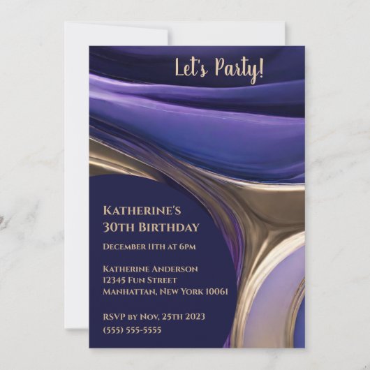 誕生日パーティー – 抽象芸術ブルー，紫と金ゴールド- 招待状 (正面)