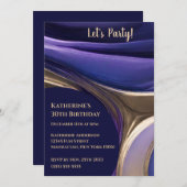 誕生日パーティー – 抽象芸術ブルー，紫と金ゴールド- 招待状 (正面/裏面)