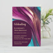 誕生日パーティー – 抽象芸術マゼンタターコイズと金ゴールド 招待状 (スタンド正面)