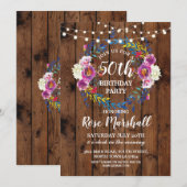 誕生日パーティー 木製 ピンク 花のリース 招待状 (正面/裏面)