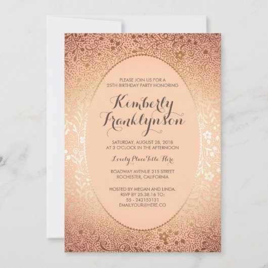 誕生日パーティー-桃と金ゴールドフローラヴィンテージ 招待状 (正面)