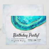 誕生日パーティー 水彩 ターコイズ & ゴールド アゲート ジオード 招待状 (正面/裏面)