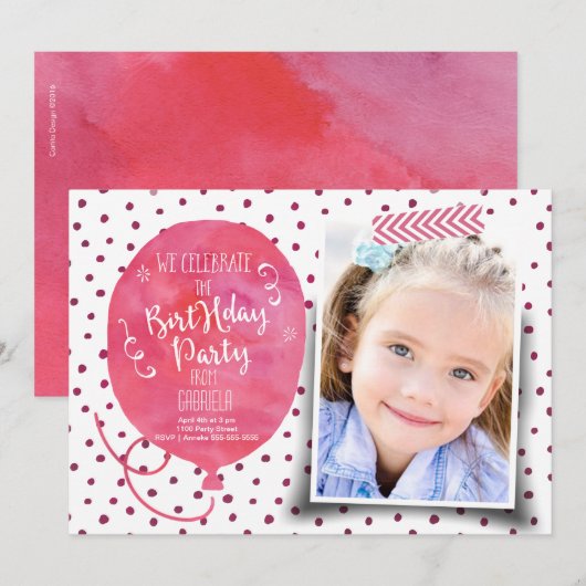 誕生日パーティー 水彩 | 招待状 女の子 (正面/裏面)