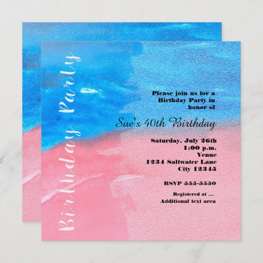 誕生日パーティー 水彩 青とピンクの招待状 招待状 (正面/裏面)
