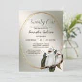 誕生日パーティー 白い鳥 コカトゥー 緑の葉 招待状 (スタンド正面)