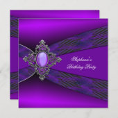 誕生日パーティー 紫 銀の宝石 招待状 (正面/裏面)