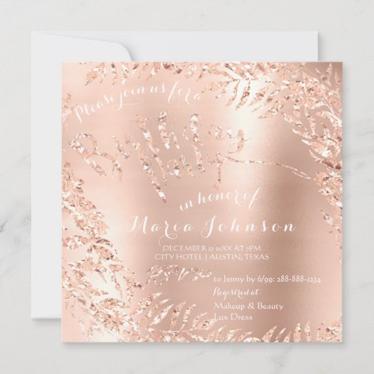 誕生日パーティー 葉っぱのリース グラム ピンク ローズ ゴールド 招待状 (正面)