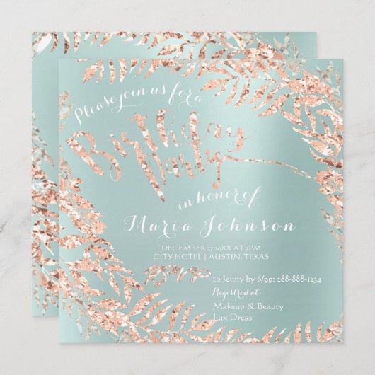 誕生日パーティー 葉っぱのリース ティファニー アクア ローズ ゴールド 招待状 (正面/裏面)