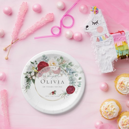 誕生日パーティー |赤い鮮やか牡丹の花束 ペーパープレート (パーティー)