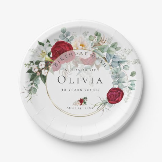 誕生日パーティー |赤い鮮やか牡丹の花束 ペーパープレート (正面)