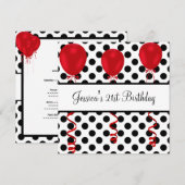 誕生日パーティー 黒と白の水玉 赤い風船 招待状 (正面/裏面)