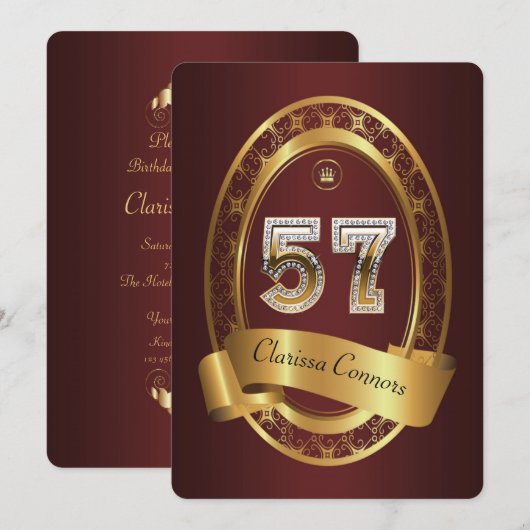 誕生日パーティー 57歳 女性 男性 エレガントな色 招待状 (正面/裏面)
