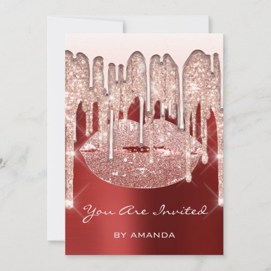 誕生日パーティー 16歳の誕生日 キス 唇 ローズ グリッター ルビー 招待状 (正面)