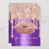 誕生日パーティー 16歳の誕生日 キス 唇 ローズ 紫のグリッター 招待状 (正面/裏面)