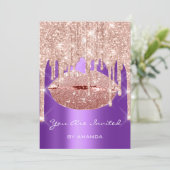 誕生日パーティー 16歳の誕生日 キッス 唇 ローズ パープル グリッター 招待状 (スタンド正面)