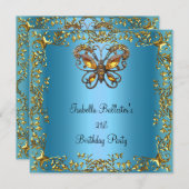 誕生日パーティー 21歳 バタフライ ティール ブルー ゴールド 招待状 (正面/裏面)