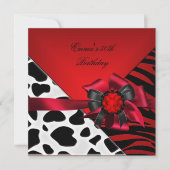 誕生日パーティー 50周年 ゼブラ 牛 赤 黒 白 招待状 (正面)