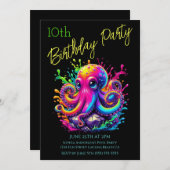誕生日パーティー – Octopus カラフル Splash 招待状 (正面/裏面)