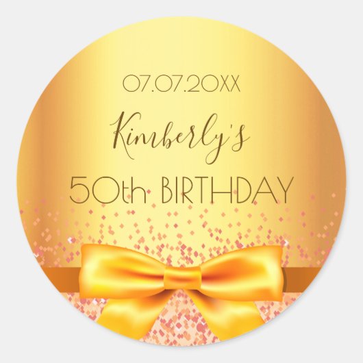 誕生日パーティ金ゴールドのボウ名 ラウンドシール (正面)