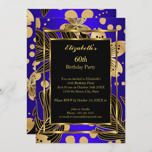 誕生日パーティ金ゴールド王室のブルーフローラ 招待状 (正面/裏面)