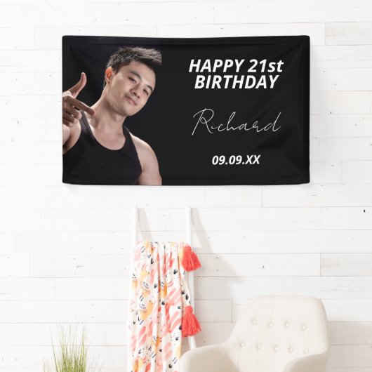誕生日パーテカスタムィーの写真白黒モダンの男 横断幕 (インサイチュ)