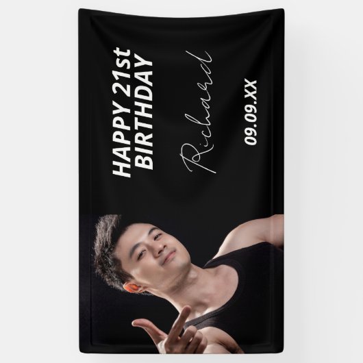 誕生日パーテカスタムィーの写真白黒モダンの男 横断幕 (縦)