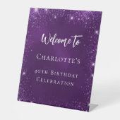 誕生日パープルグリッタースパークルズ歓迎 台座サイン (正面)