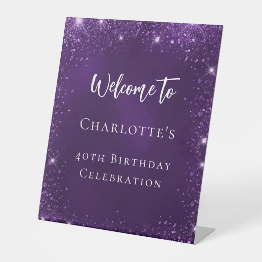誕生日パープルグリッタースパークルズ歓迎 台座サイン (正面)