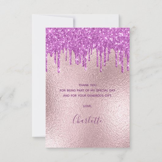 誕生日パープルグリッターバラ金ゴールドピンク贅沢 サンキューカード (裏面)