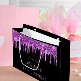 誕生日パープルグリッターピンクのドリップブラックモノグラム ラージペーパーバッグ