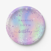 誕生日パープルグリッターピンクホログラフィック名 ペーパープレート (正面)