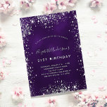 誕生日パープルシルバーグリッターグラマラス インビテーションポストカード<br><div class="desc">21モダン歳スタイリッシュ（または任意の年齢）の誕生日パーティーのための魅力的で魅力的な招待。深い紫の色の背景に銀フェイク色のグリッター粉。紫は色むらだ。名前は手書文字のスタイルスモダンクリプト付き。カスタマイズしてパーティー詳細を追加する。背面：はがきデザイン。ヒントもし：ハガキのように見せたくなクリック、後ろカスタマイズに行き、仕切りとポストスタンプを取り除く。</div>