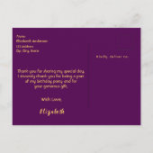 誕生日パープルバラ金ゴールドボウサンキューユー ポストカード (裏面)